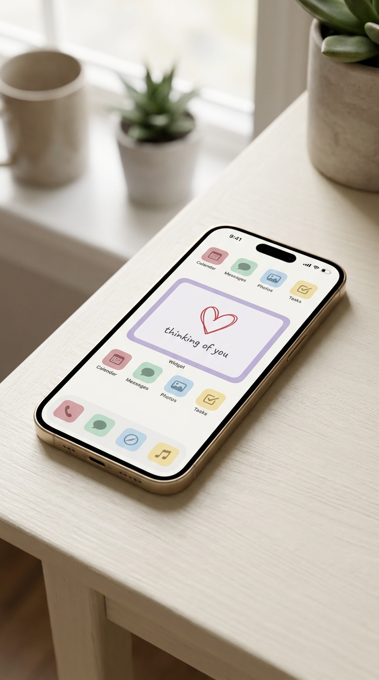 Couple Widget on iPhone home screen showing a love note and doodle